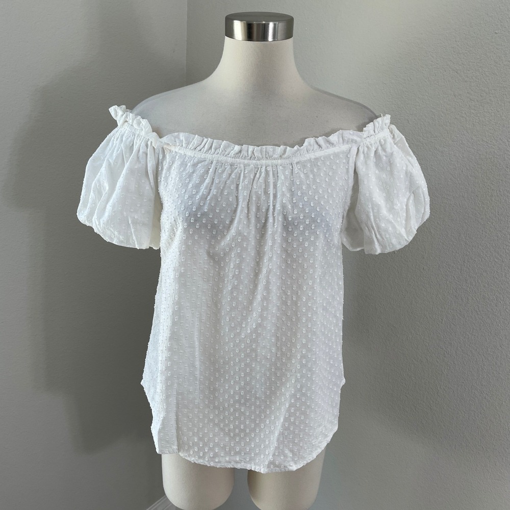 Maeve Anthropologie Womens 4 White Swiss‎ Dot Off The Shoulder Puff Sleeve Top
